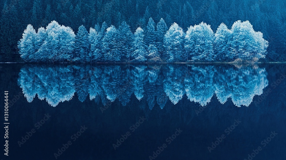 Poster a vast expanse of water surrounded by tall trees on either side, with a mirrored image of the foliag