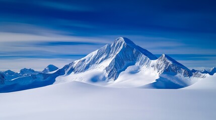 Majestic snow-covered mountain peak under a clear blue sky with soft clouds in the background