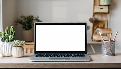 Fototapeta premium Minimalist Nordic Home Office, Modern Laptop Workspace Showcasing Sleek Design Elements and a Blank Screen for Creative Potential, Exuding Cleanliness and Efficiency in a Tranquil Ambiance.