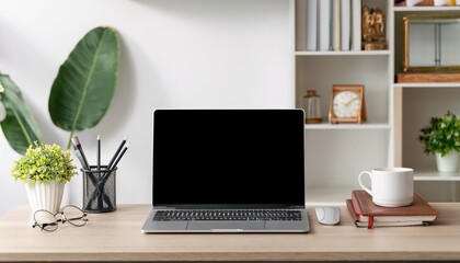 Elevated Perspective Minimalist Nordic Home Office, Featuring a Modern Laptop and Sleek Workspace Amidst Warm Wood Grains and Neutral Tones, Evoking Calm and Focus Amidst a Contemporary Setting.