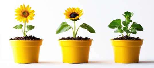 Obraz premium Three Bright Yellow Flowering Pots with Sunflowers in Different Stages of Growth Against a Clean White Background