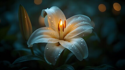 Illuminated Candle and White Lily Creating a Peaceful Symbol of Spiritual Remembrance and Tranquility