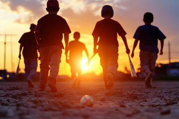 Silhouetted baseball players walk towards sunset