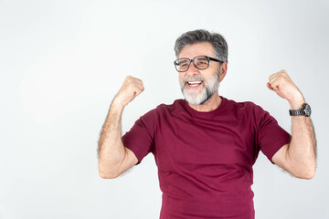 Fototapeta premium Mature handsome man with beard wearing casual t-shirt and glasses over grey background very happy and excited doing winner gesture with arms raised, smiling and screaming for success.