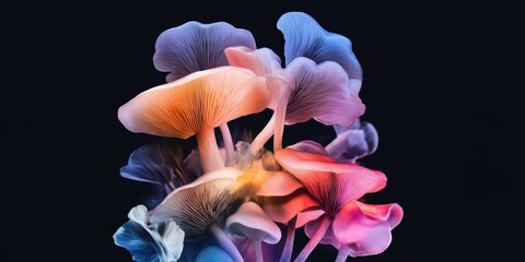 Colorful luminescent mushrooms on black background. Day of the Mushroom