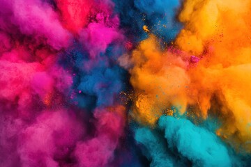 Vibrant holi celebration with colorful powders exploding in the air
