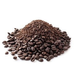 Isolated pile of freshly roasted coffee beans on white background for food and drink product photography