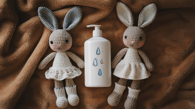 Two handcrafted bunny dolls lying on a brown fabric alongside a bottle of lotion ai generated