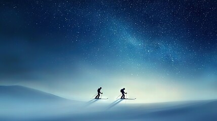 Obraz premium A few people stand atop a snow-covered slope beneath a star-filled night sky