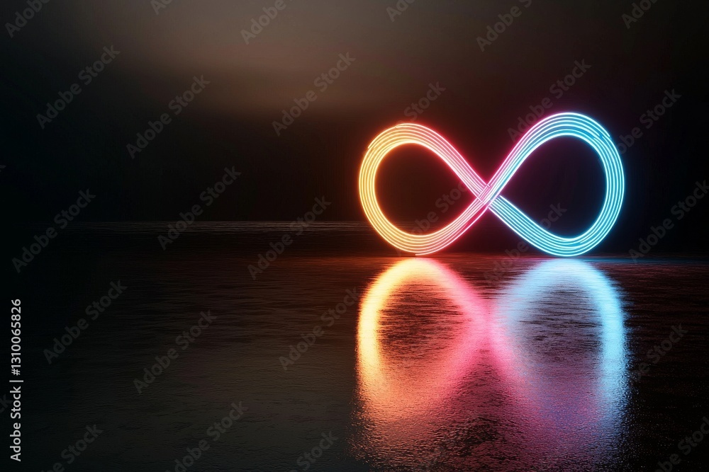 Poster the image features a 3d render of an infinity symbol illuminated by neon light, looping through the 