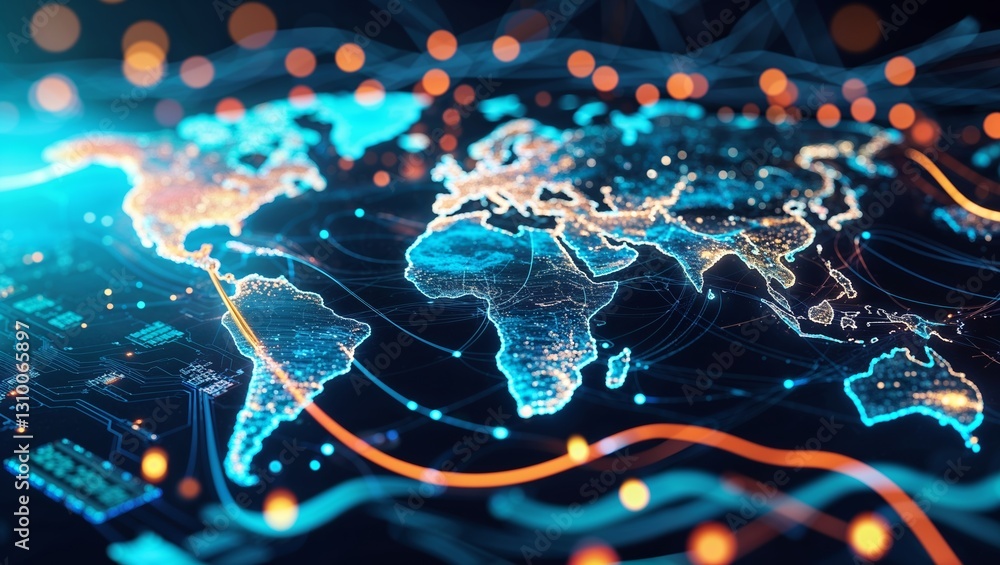 Poster Digital map representation of global connections showcasing network patterns and data visualization technologies in a modern context
