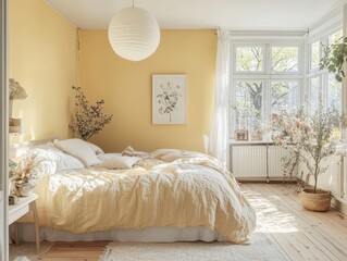 A bright bedroom interior with sunlight and natural decorations