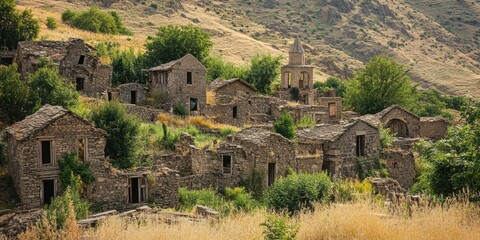 Fototapeta premium Ruined stone village amidst mountain landscape and greenery Armenian Genocide Remembrance Day.