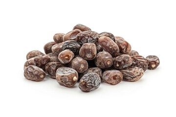 Whole raw and dry dried date fruit on white background, showcasing natural sweetness