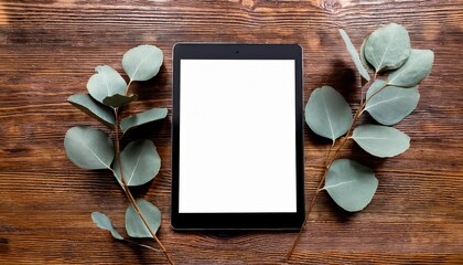 Rustic Charm Eucalyptus Branch Enhances Minimalist Tabletop Scene with Natural Texture, Elevating Ambiance and Providing Tranquil Vibes for Modern Decor.