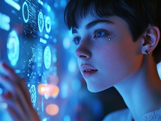 Young woman interacts with futuristic holographic display