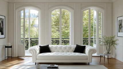 Elegant Living Room: White Sofa, Arched Windows & City Views