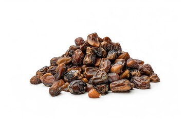 Naklejka premium Dried raw date fruit with natural sugar and texture on white background for health benefits