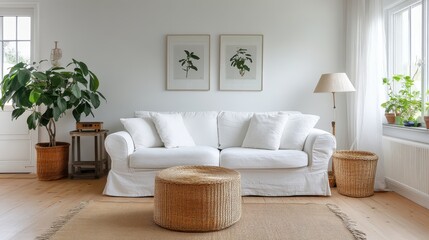 Fototapeta premium Serene Living: White Sofa, Natural Textures, Botanical Art