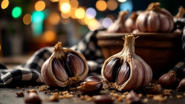 Close up shot of black garlic bulbs on a surface