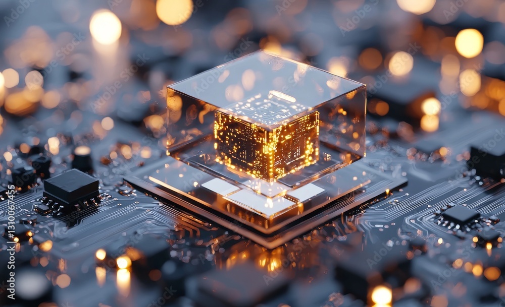 Poster the image depicts a close-up of a modern gpu card featuring a 3d circuit rendering