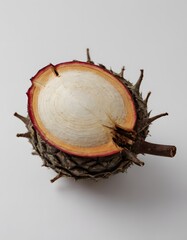 A cross-section view of a coniferous seed pod showing the inner structure.