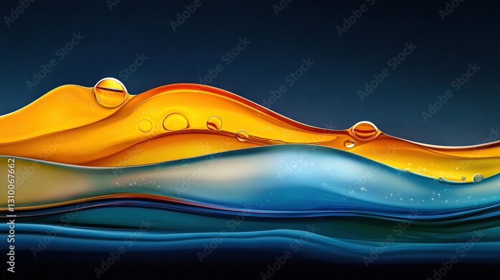 Poster a painting of waves in shades of yellow and blue with bubble patterns on both the crest and base of 