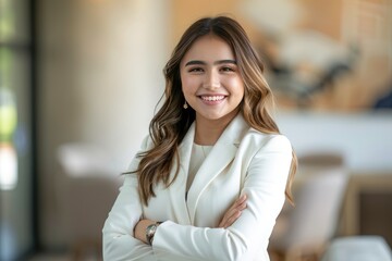 Fototapeta premium Smiling young Hispanic businesswoman in white business suit, standing in an elegant modern office