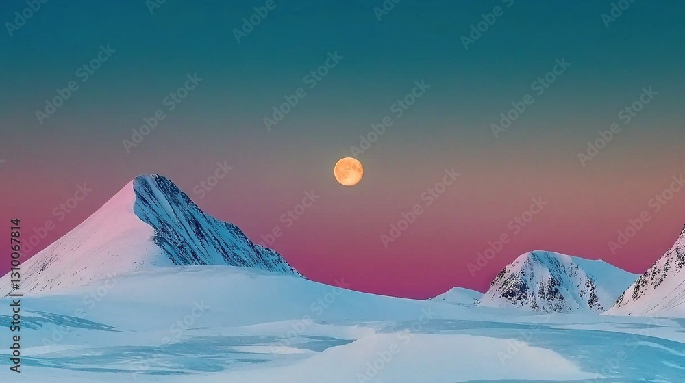 Poster full moon rising over snow-capped mountains in the background with a few mountains visible in the fo