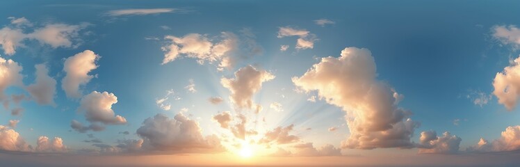 Obraz premium Sky 360 panorama with bright blue sky, fluffy white cumulus clouds. Seamless spherical panorama perfect as sky replacement for aerial drone 360 panoramas. Weather, climate change, environment themes.