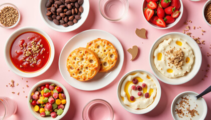 Colorful dessert display on pink table, festive celebration vibes