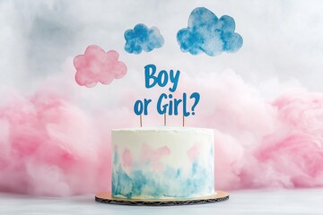 watercolor Gender reveal cake with Boy or Girl? topper and pink-blue clouds on white background