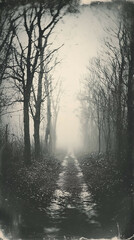 Fototapeta premium Serene Forest Pathway: Misty Woodland and Moody Landscape Photography in Black and White