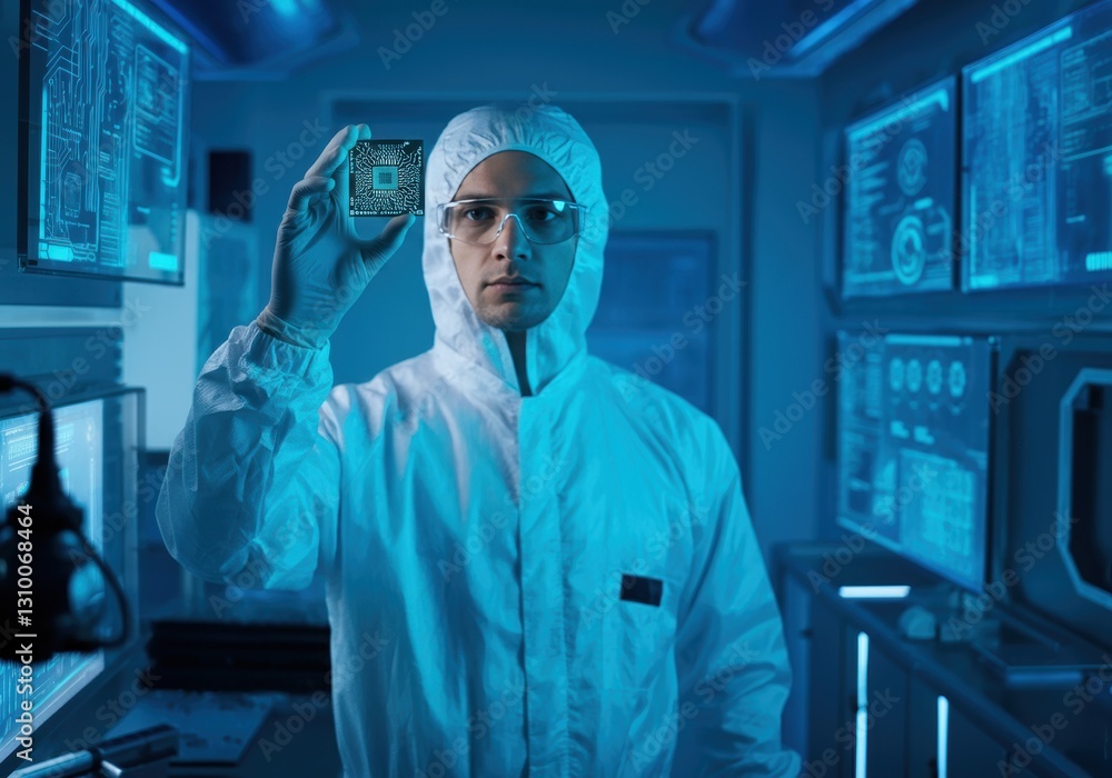 Aufkleber scientist holding a microchip in a high-tech laboratory environment