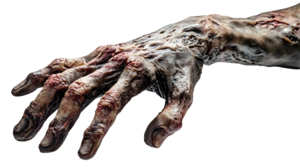 Creepy Realistic Zombie Hand Prop with Decayed Skin and Outstretched Fingers on Transparent Background