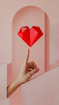 A hand delicately touching a geometrically designed red heart suspended within an elegant pink archway ai generated