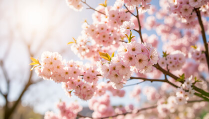 Blooming cherry blossoms in tranquil park during morning light, spring beauty