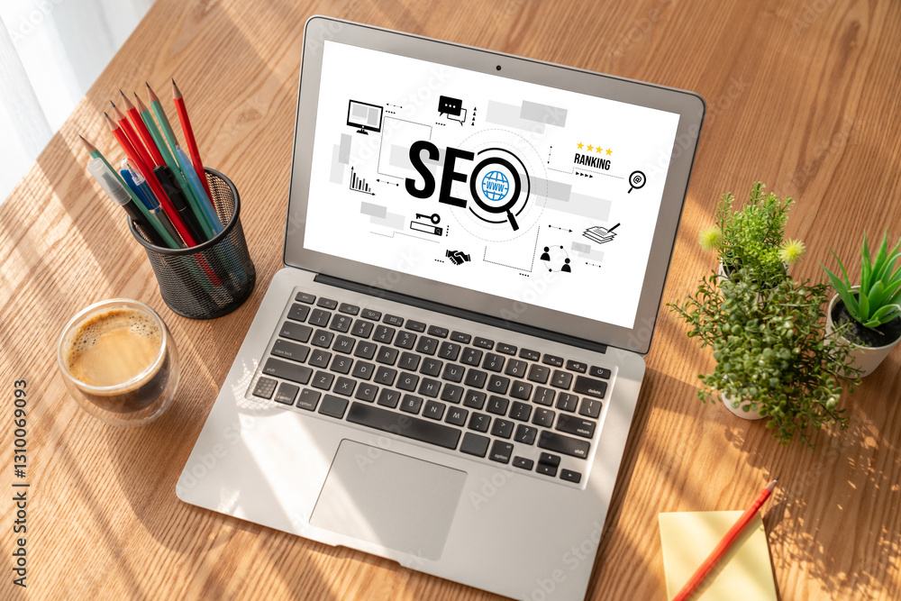Poster seo search engine optimization for modish e-commerce and online retail business showing on computer 