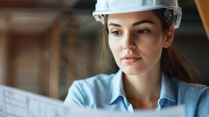 Blueprint Study: A focused female construction worker intently examines architectural blueprints on a construction site, emphasizing her dedication to her profession and the precision of her work.