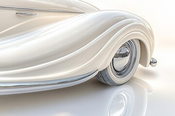 Creamy white classic car's rear fender, wheel, and tire detail