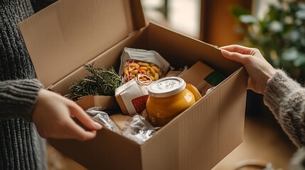 Home food delivery, hands opening cardboard box,  plants in background,  donation or grocery pickup