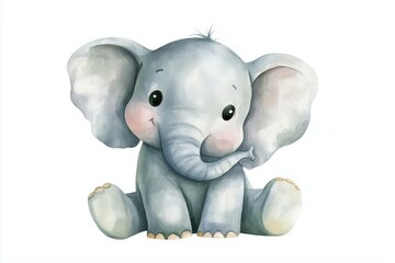 watercolor illustration of cute naive cartoon baby elephant on white background © Kristina