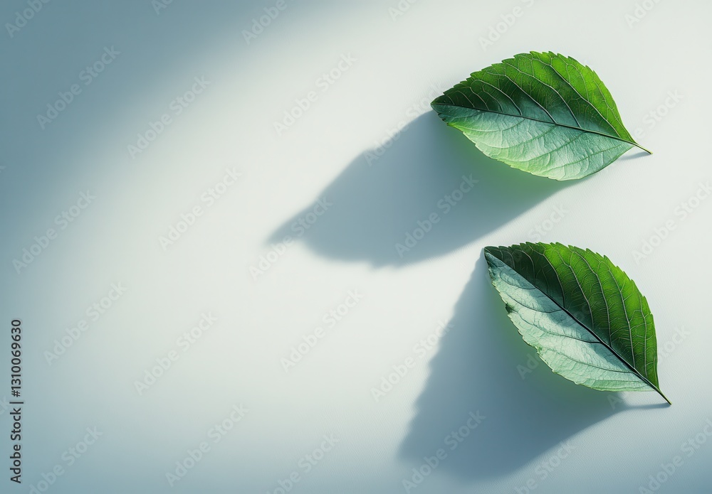 Poster two fresh green leaves on soft background with natural shadows creating a calm and serene atmosphere