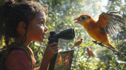 Diverse Children Engaging in a Community Birdwatching Event Promoting Conservation and Nature Education