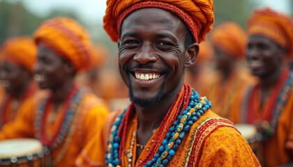 Fototapeta premium Smiling african male drummer in bright orange clothes, turban, beads. Men drumming, dancing in background at festival celebrating freedom, equality, racial rights, emancipation, ethnic diversity.