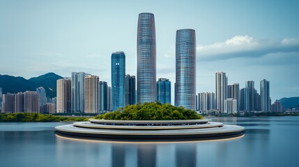 Fototapeta premium Floating island with modern skyscrapers in the background.