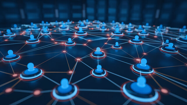 A digital representation of a connected network with glowing blue icons, resembling a data or blockchain infrastructure ai generated