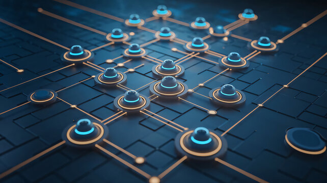 A futuristic digital network with interconnected nodes glowing in blue, symbolizing blockchain or decentralized technology ai generated