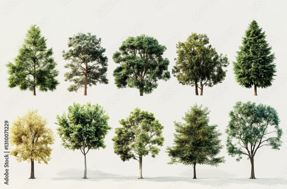 Poster variety of realistic tree models for landscape design and animation projects in a clean, bright envi