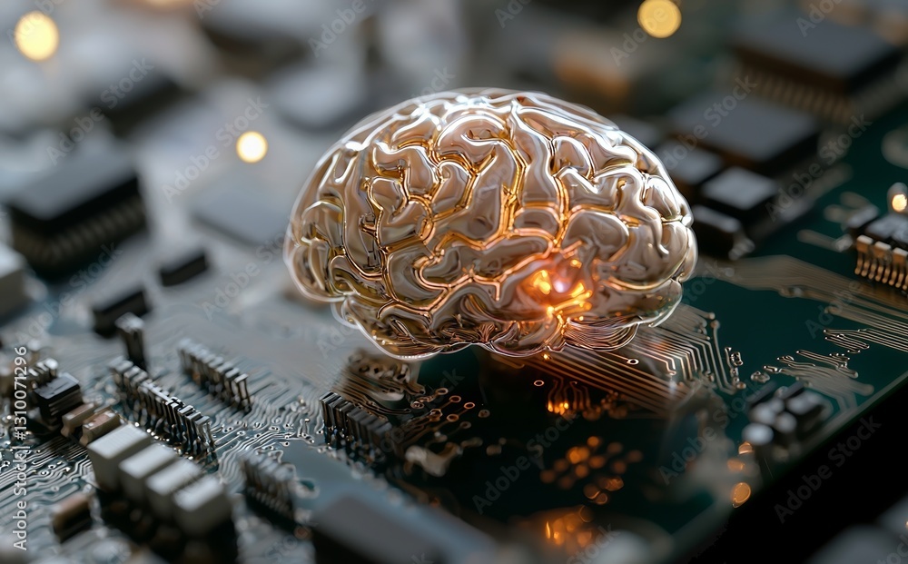 Poster a cybernetic brain is depicted as an electronic chip shaped like a human brain, situated at the cent